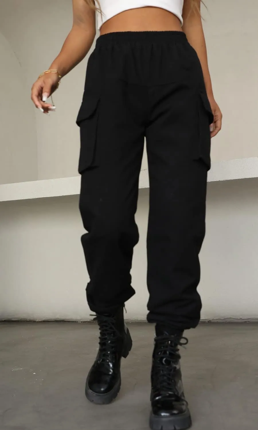 VANGULL Women's High Waisted Jogger Pants Casual Flap Pocket Solid Outdoor Cargo Pants Black