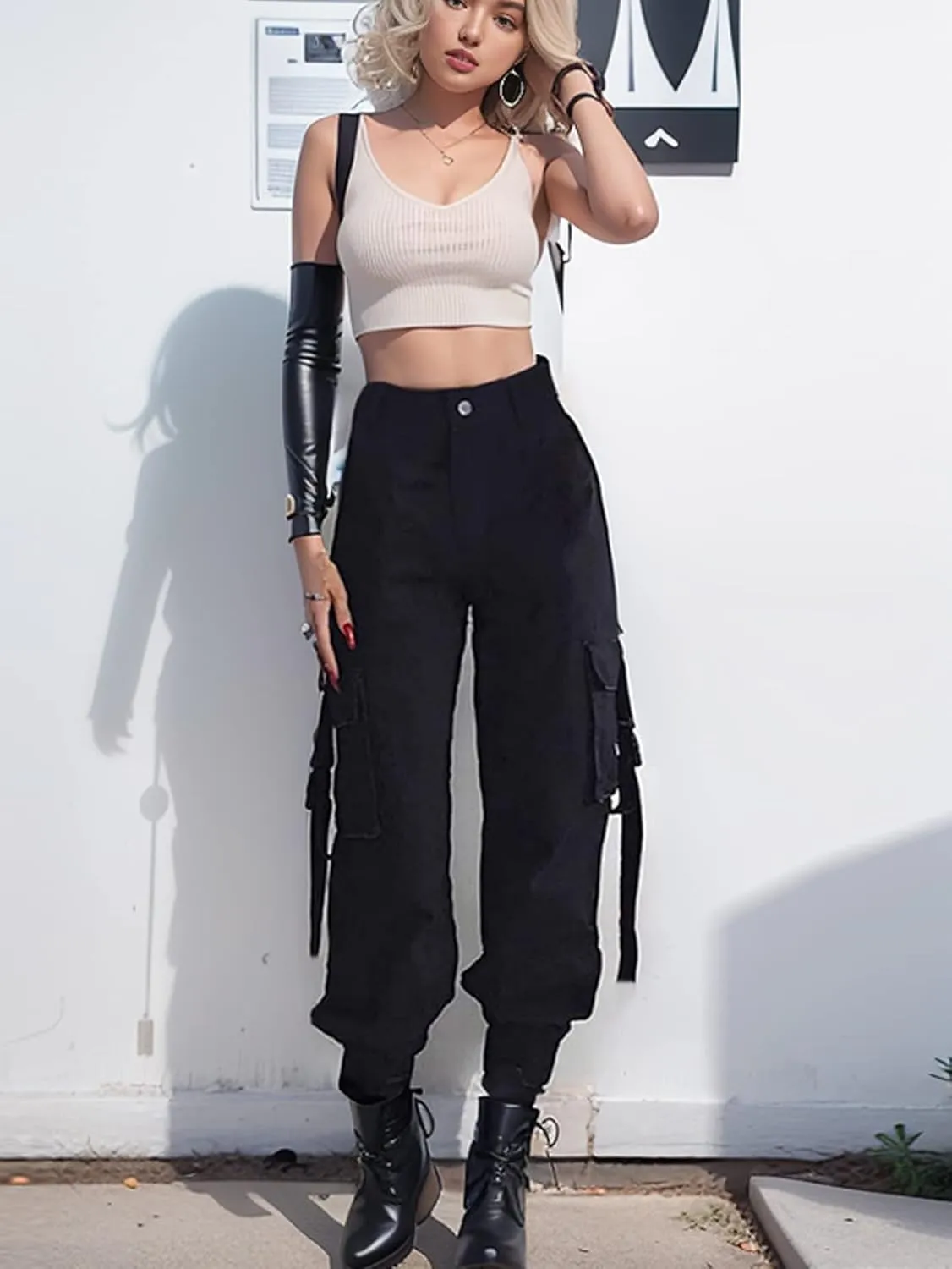 VANGULL Women's High Waisted Jogger Pants Casual Flap Pocket Solid Outdoor Cargo Pants Black