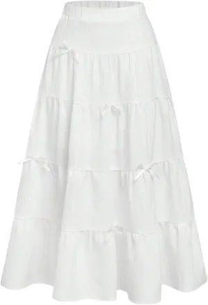 Verdusa Girl's Coquette Bow Flowy Long Skirts Fairy Flared High Waist Ruffle Skirt