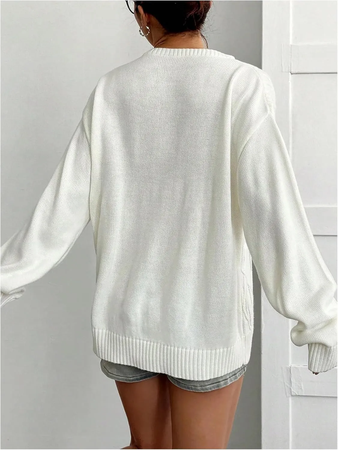 Verdusa Women's Jersey Oversized Sweaters Cable Knit Long Sleeve Pullover Tops