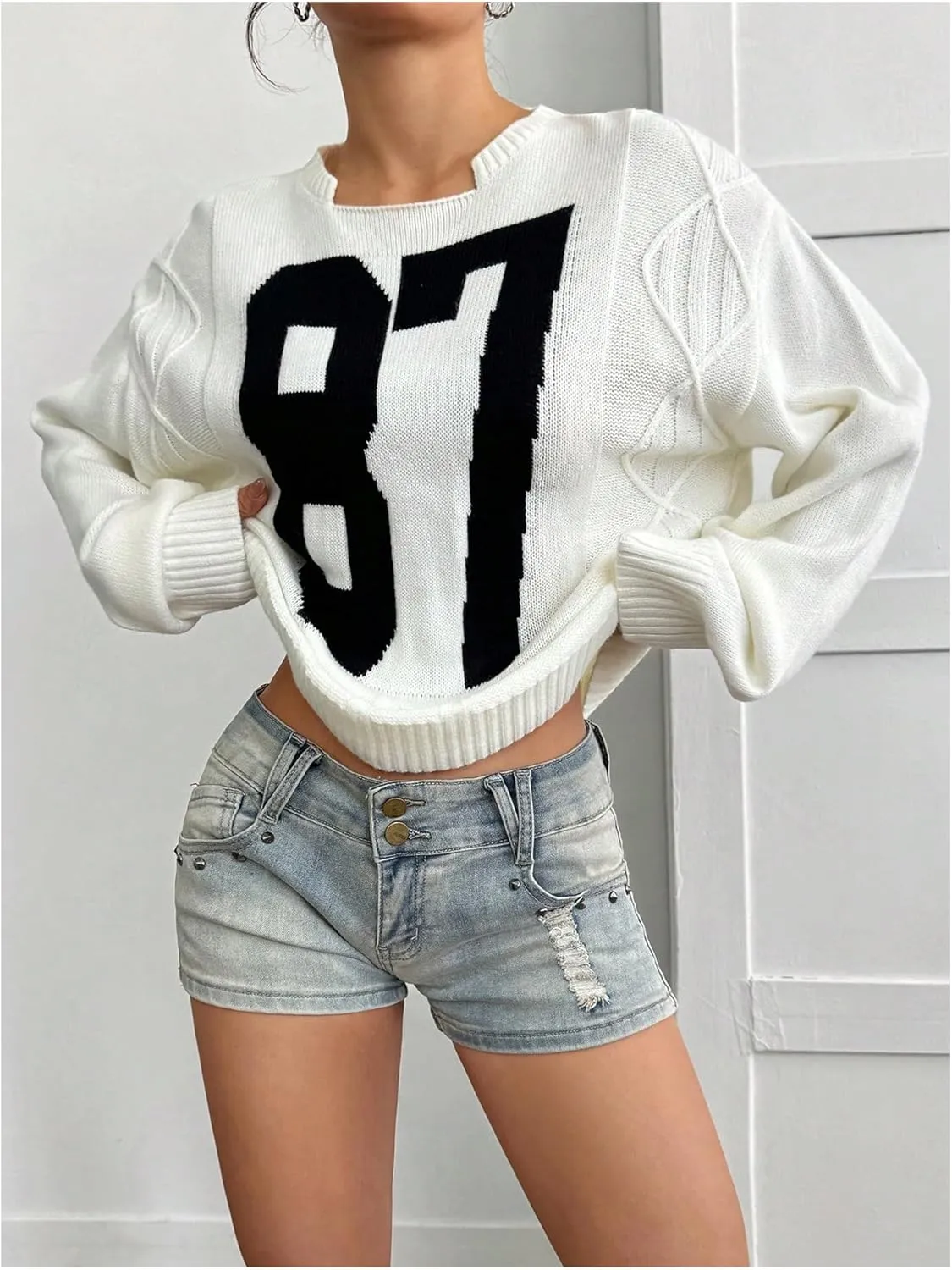 Verdusa Women's Jersey Oversized Sweaters Cable Knit Long Sleeve Pullover Tops