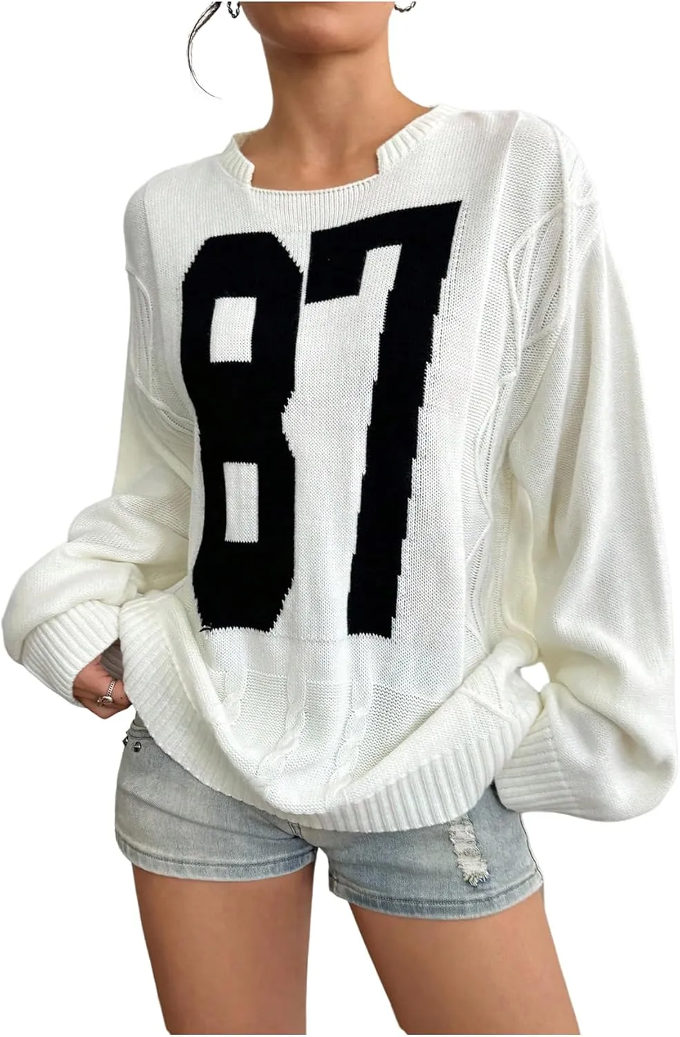 Verdusa Women's Jersey Oversized Sweaters Cable Knit Long Sleeve Pullover Tops