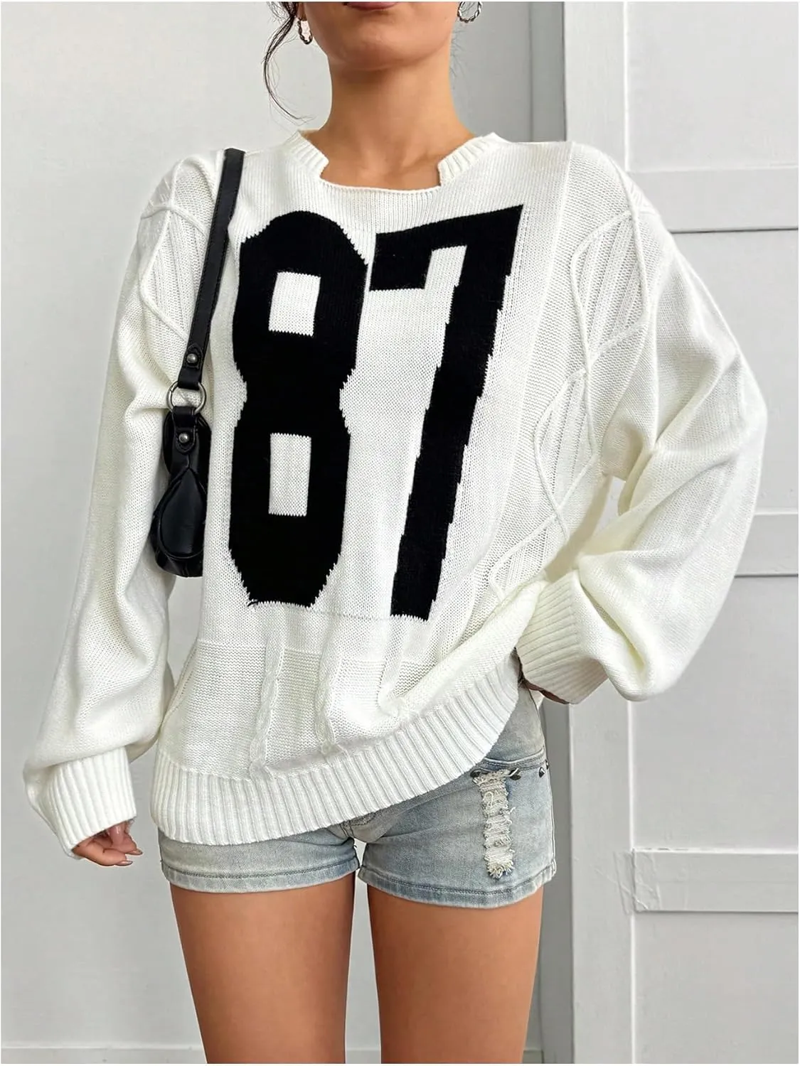 Verdusa Women's Jersey Oversized Sweaters Cable Knit Long Sleeve Pullover Tops