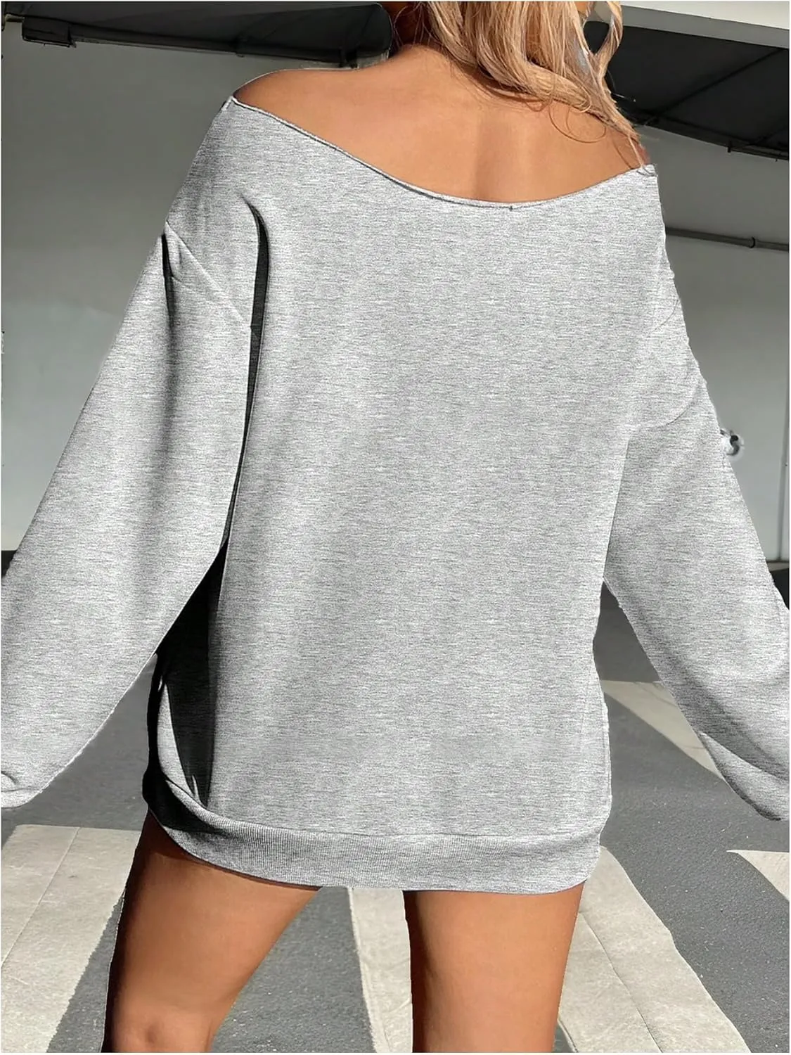 Verdusa Women's Letter Graphic Off The Shoulder T Shirts Long Sleeve Loose Sweatshirt Tee Tops