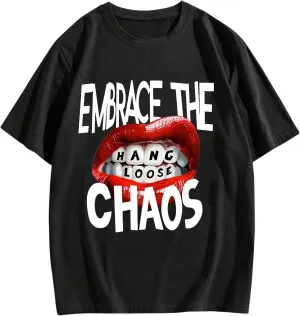 Verdusa Women's Lip Graphic Print Drop Shoulder Hiphop Tees Oversized Y2k T Shirts