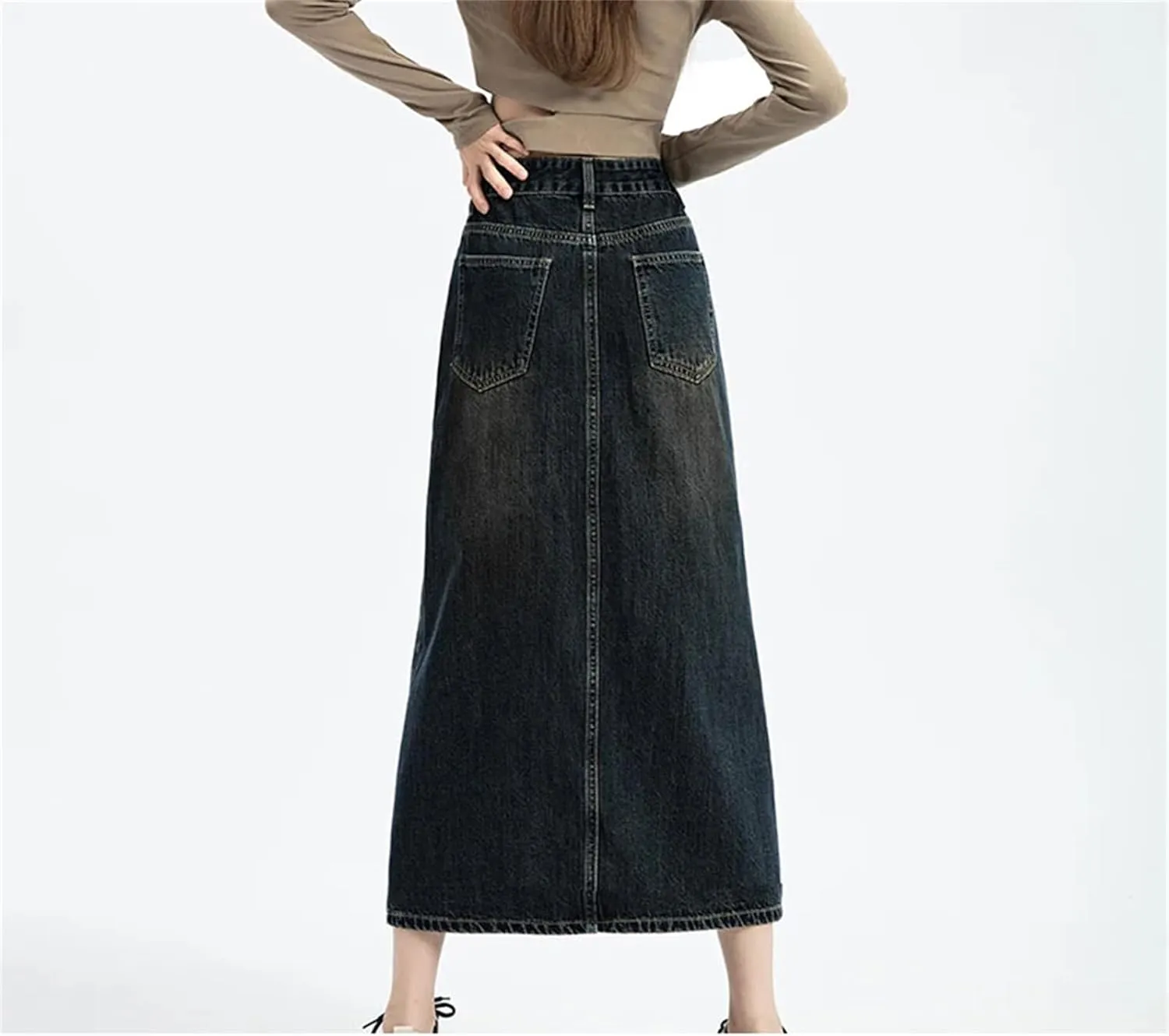 Vintage High Waist Women Denim Skirt Front Split Mid-Length Jean Skirts Female Wrap Hip Skirt