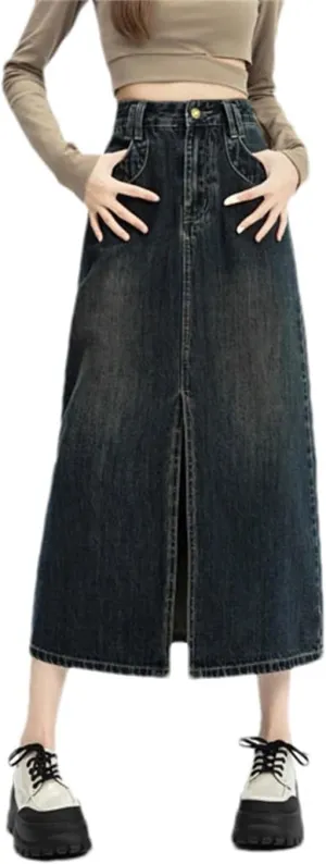 Vintage High Waist Women Denim Skirt Front Split Mid-Length Jean Skirts Female Wrap Hip Skirt