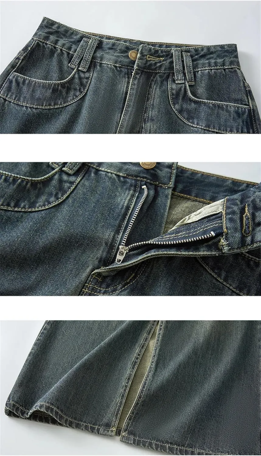 Vintage High Waist Women Denim Skirt Front Split Mid-Length Jean Skirts Female Wrap Hip Skirt