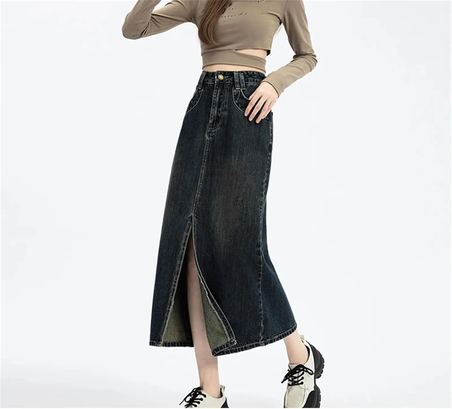Vintage High Waist Women Denim Skirt Front Split Mid-Length Jean Skirts Female Wrap Hip Skirt