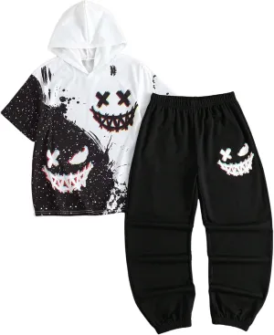 WDIRARA Boy's 2 Piece Outfits Graphic Short Sleeve Hooded T Shirt Elastic Waist Jogger Pants Set