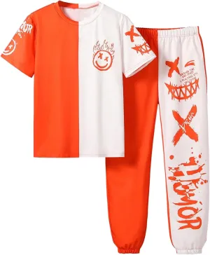 WDIRARA Boy's Two Piece Graphic Print Short Sleeve T Shirts and Elastic Waist Pants Clothing Set