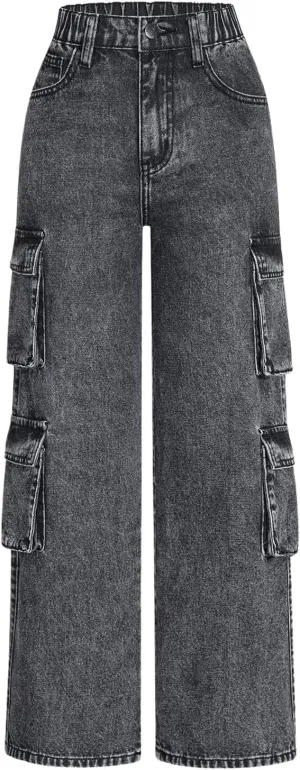 WDIRARA Girl's Casual High Waisted Cargo Jeans Wide Leg Denim Pants with Pockets