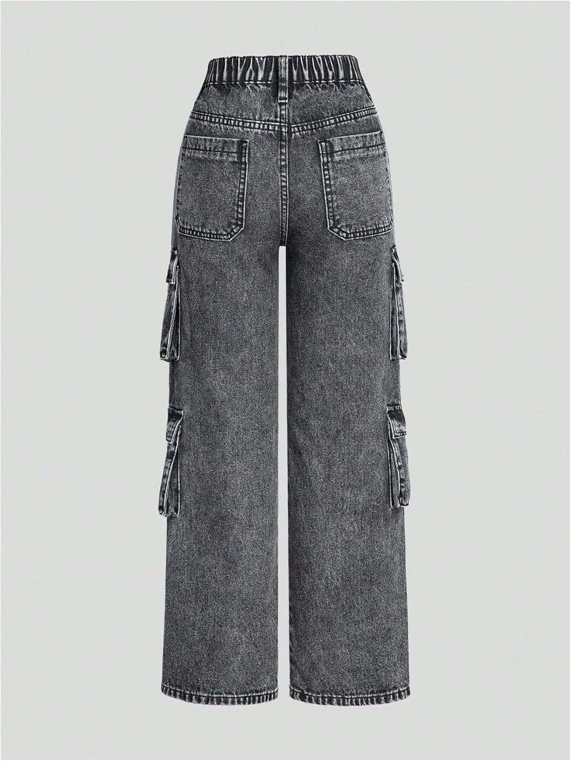 WDIRARA Girl's Casual High Waisted Cargo Jeans Wide Leg Denim Pants with Pockets