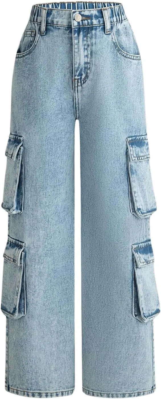 WDIRARA Girl's Casual High Waisted Cargo Jeans Wide Leg Denim Pants with Pockets