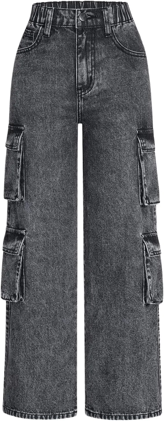 WDIRARA Girl's Casual High Waisted Cargo Jeans Wide Leg Denim Pants with Pockets