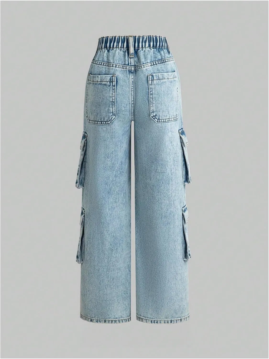 WDIRARA Girl's Casual High Waisted Cargo Jeans Wide Leg Denim Pants with Pockets