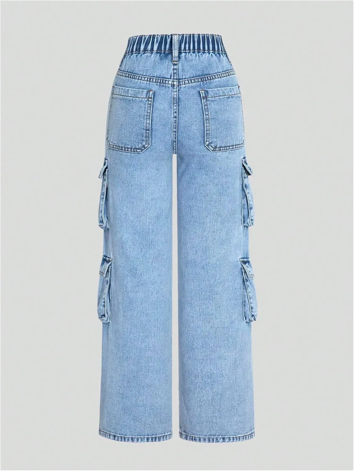 WDIRARA Girl's Casual High Waisted Cargo Jeans Wide Leg Denim Pants with Pockets