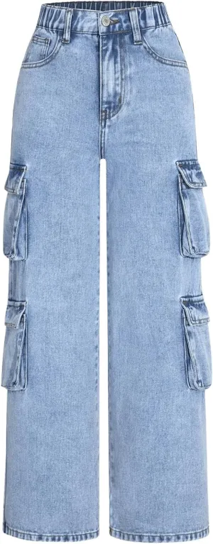 WDIRARA Girl's Casual High Waisted Cargo Jeans Wide Leg Denim Pants with Pockets
