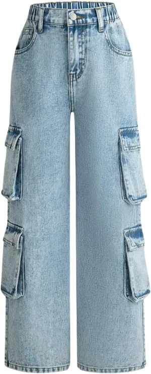 WDIRARA Girl's Casual High Waisted Cargo Jeans Wide Leg Denim Pants with Pockets