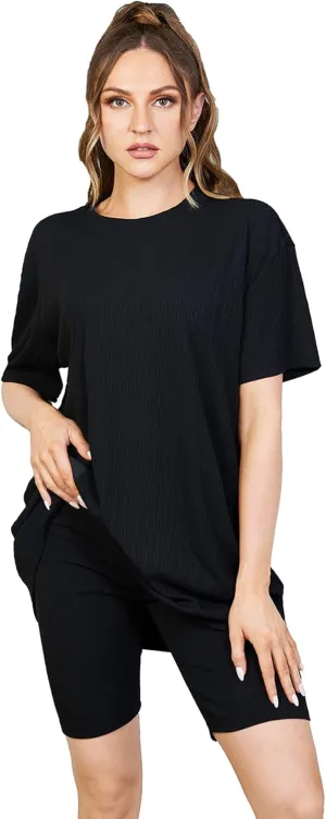 WDIRARA Women's 2 Piece Outfits Solid Ribbed Knit Drop Shoulder Tee and Biker Shorts Set