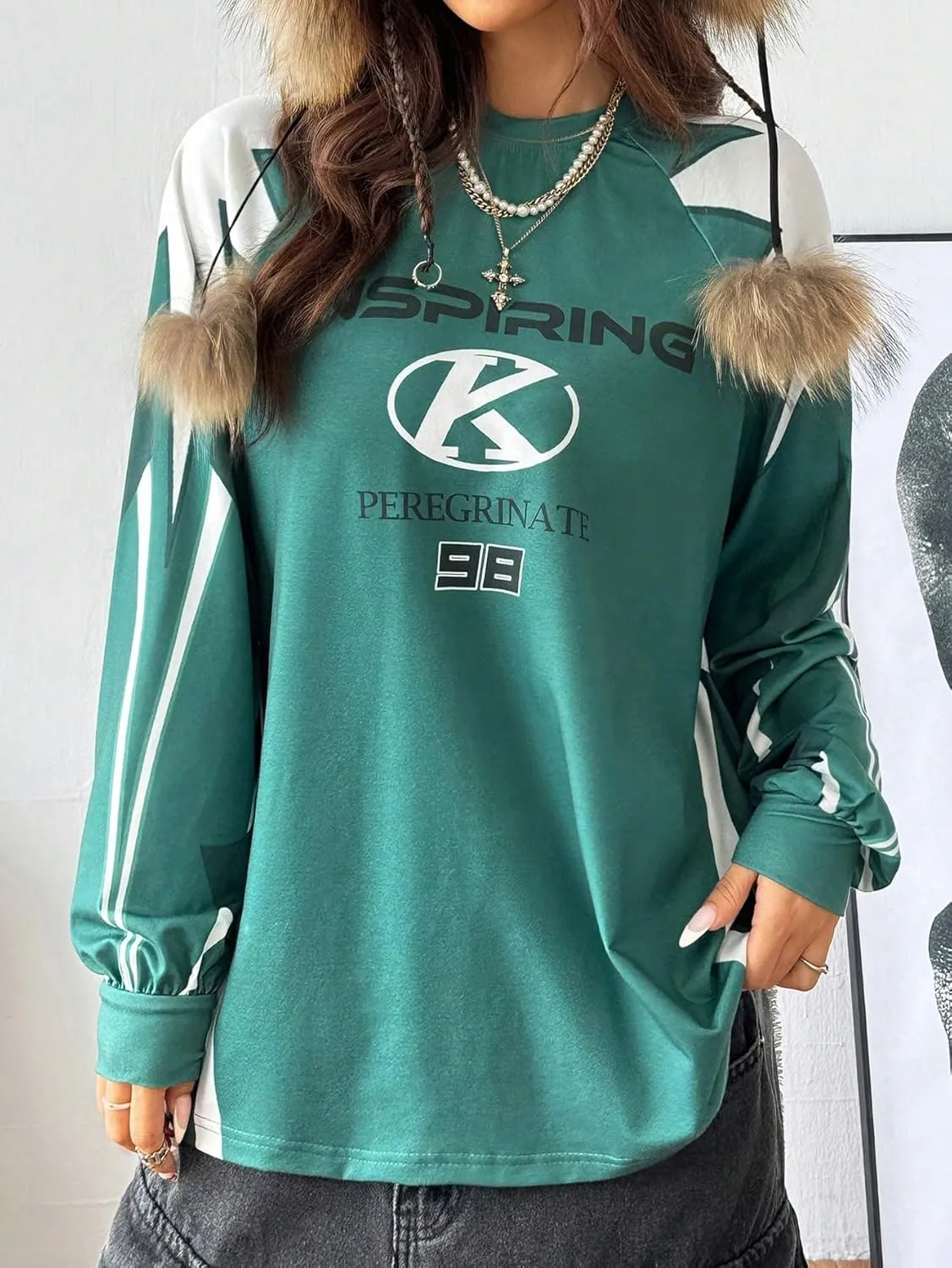 WDIRARA Women's Baggy Jersey Shirts Y2k Oversized Letter Graphic Tees Crewneck Long Sleeve T Shirt Tops