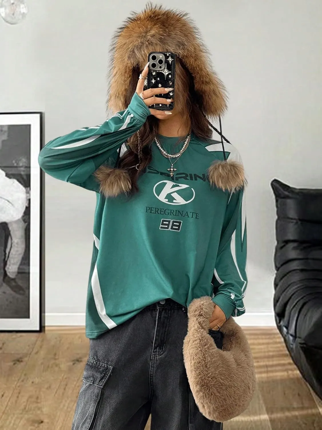 WDIRARA Women's Baggy Jersey Shirts Y2k Oversized Letter Graphic Tees Crewneck Long Sleeve T Shirt Tops