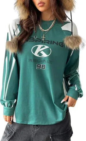 WDIRARA Women's Baggy Jersey Shirts Y2k Oversized Letter Graphic Tees Crewneck Long Sleeve T Shirt Tops