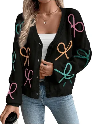 WDIRARA Women's Bow Button Down Cardigan V Neck Long Sleeve Drop Shoulder Knit Sweater