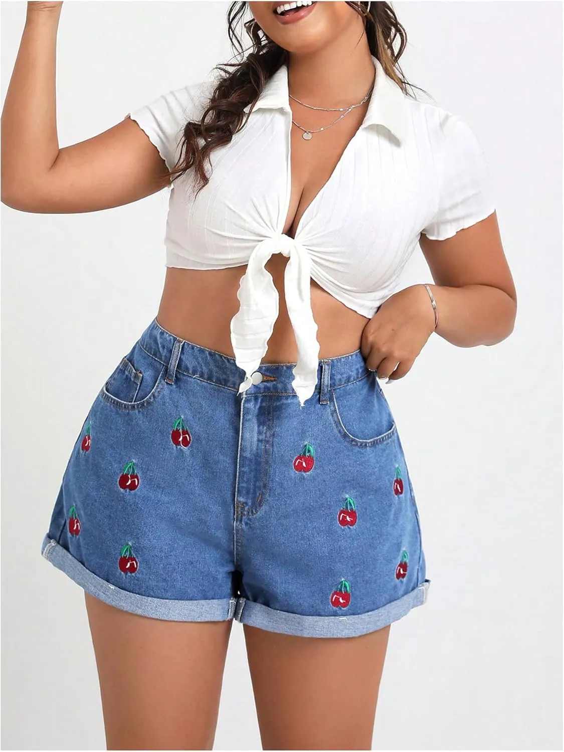 WDIRARA Women's Plus Size Cherry Embroidery Wide Leg Denim Shorts High Waist Rolled Hem Shorts