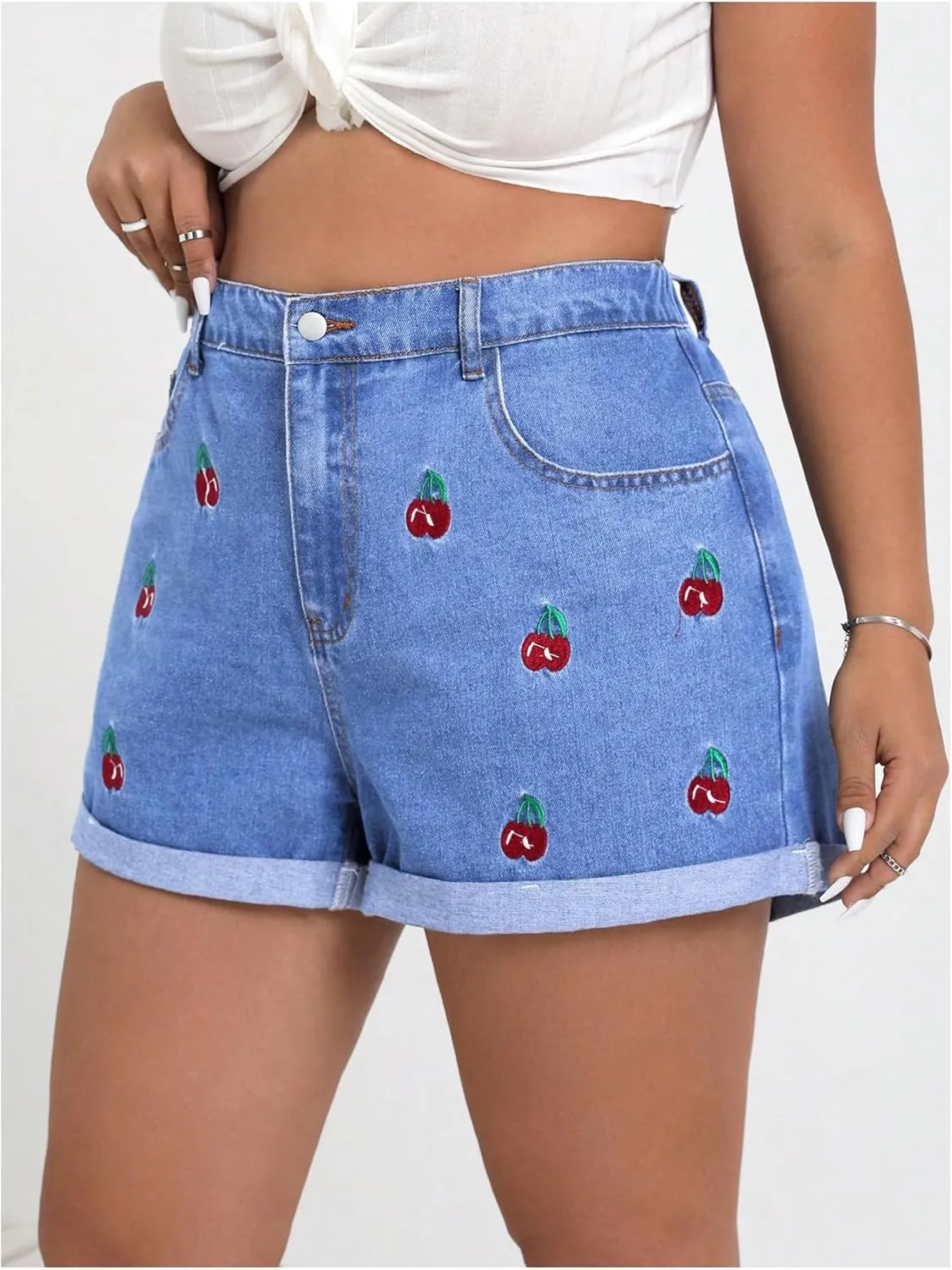 WDIRARA Women's Plus Size Cherry Embroidery Wide Leg Denim Shorts High Waist Rolled Hem Shorts