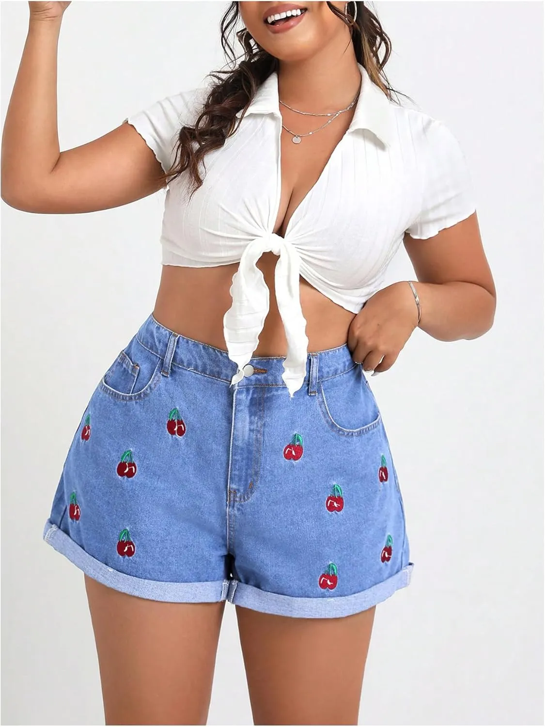 WDIRARA Women's Plus Size Cherry Embroidery Wide Leg Denim Shorts High Waist Rolled Hem Shorts