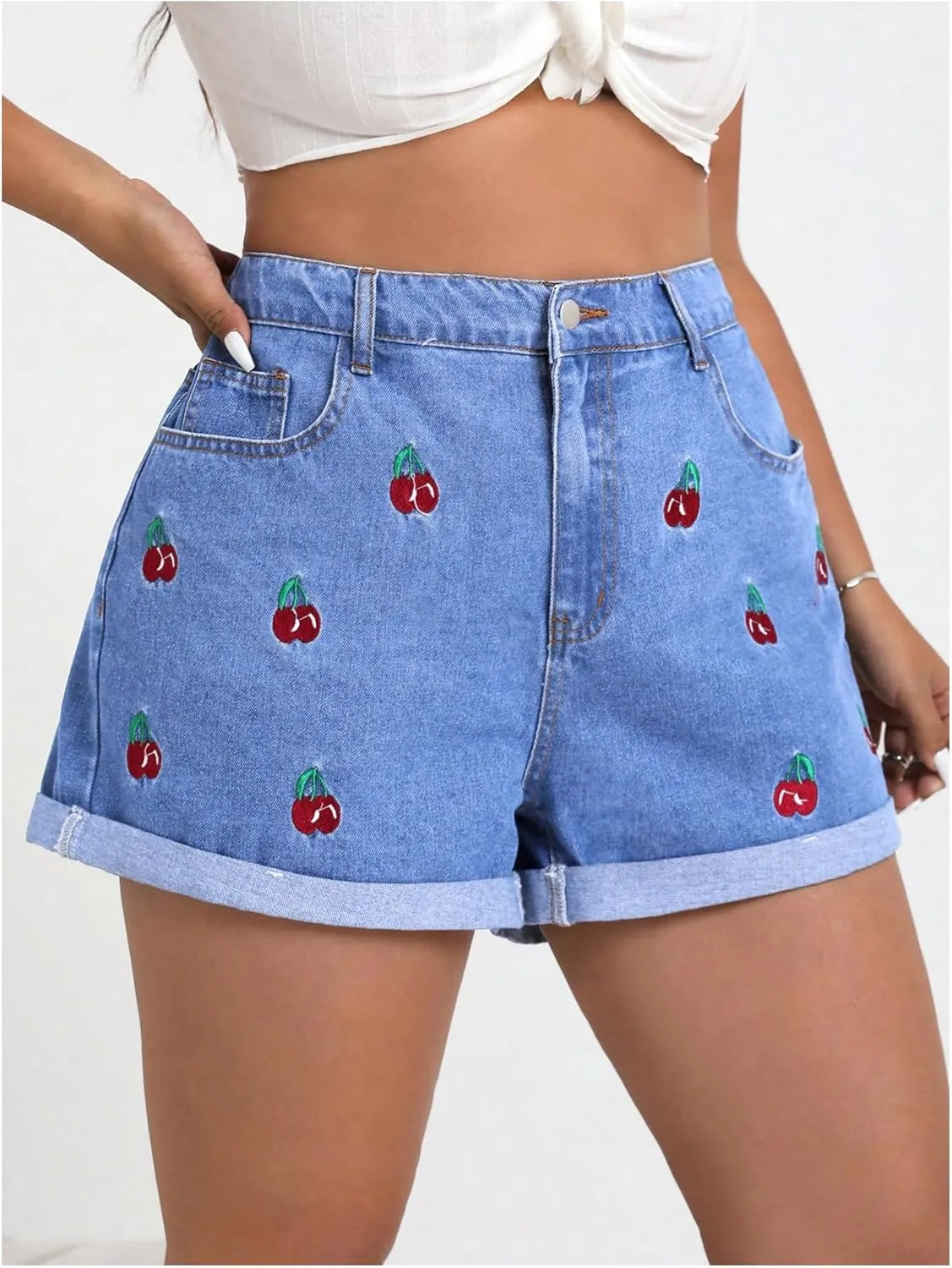 WDIRARA Women's Plus Size Cherry Embroidery Wide Leg Denim Shorts High Waist Rolled Hem Shorts