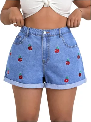 WDIRARA Women's Plus Size Cherry Embroidery Wide Leg Denim Shorts High Waist Rolled Hem Shorts