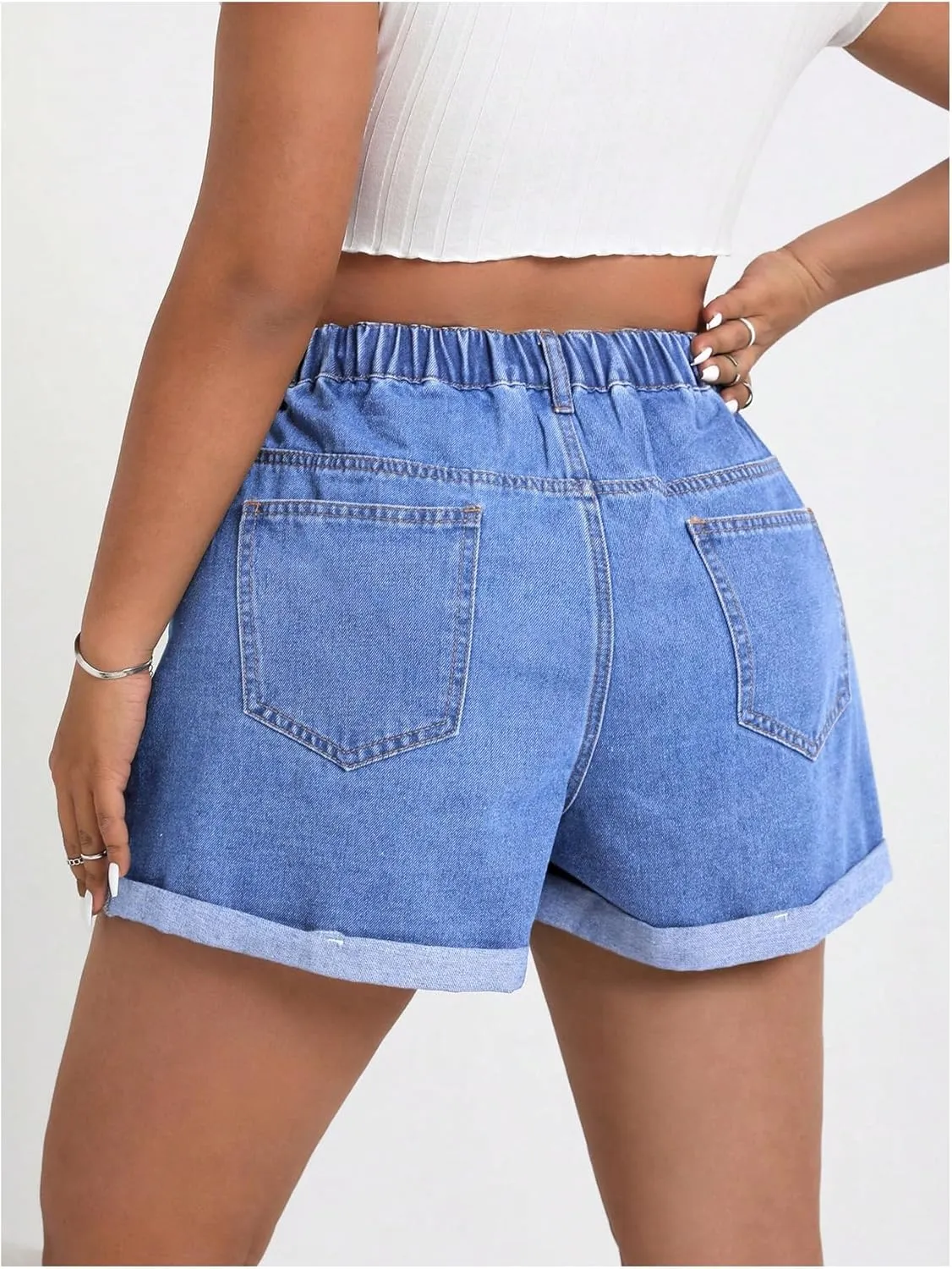 WDIRARA Women's Plus Size Cherry Embroidery Wide Leg Denim Shorts High Waist Rolled Hem Shorts