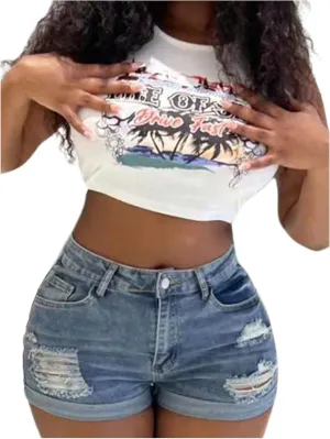 WDIRARA Women's Ripped Skinny Denim Shorts High Waisted Roll Up Hem Stretch Jean Shorts