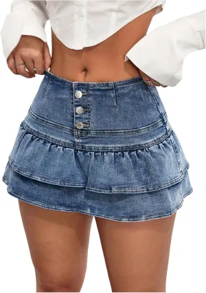 WDIRARA Women's Tiered Layer Ruffle Denim Skorts Y2k Button Front Mini Skirt Shorts