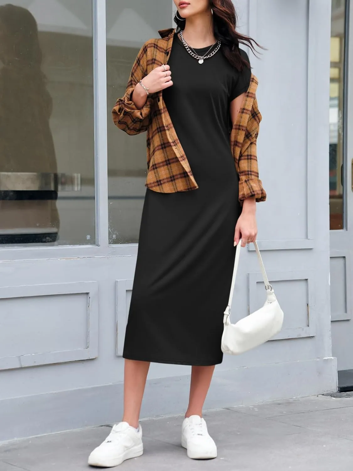 Wenrine Women's Short Sleeve T-Shirt Dress Summer Crew Neck Basic Solid Casual Long Midi Dresses