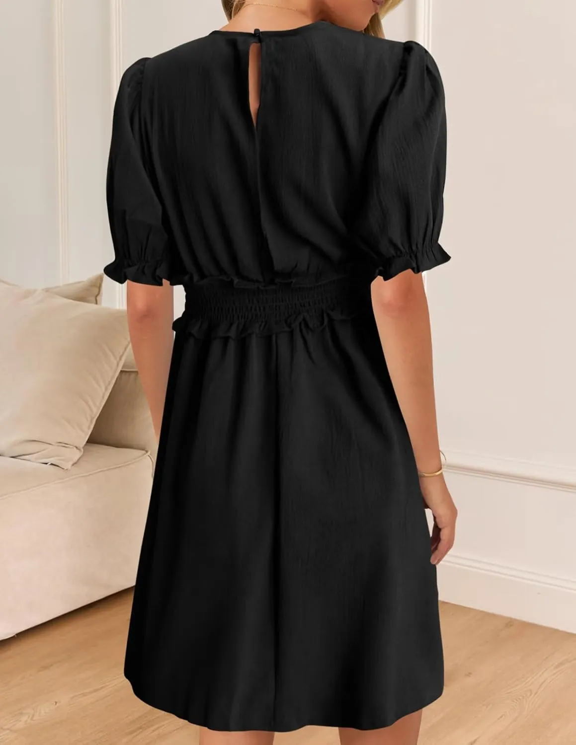 Wkior Women's Casual Shirt Dress Tiered Ruffle Sleeve Swing Shift Summer Mini Dresses
