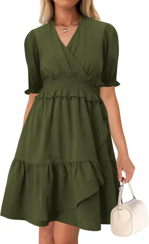 Wkior Women's Casual Shirt Dress Tiered Ruffle Sleeve Swing Shift Summer Mini Dresses