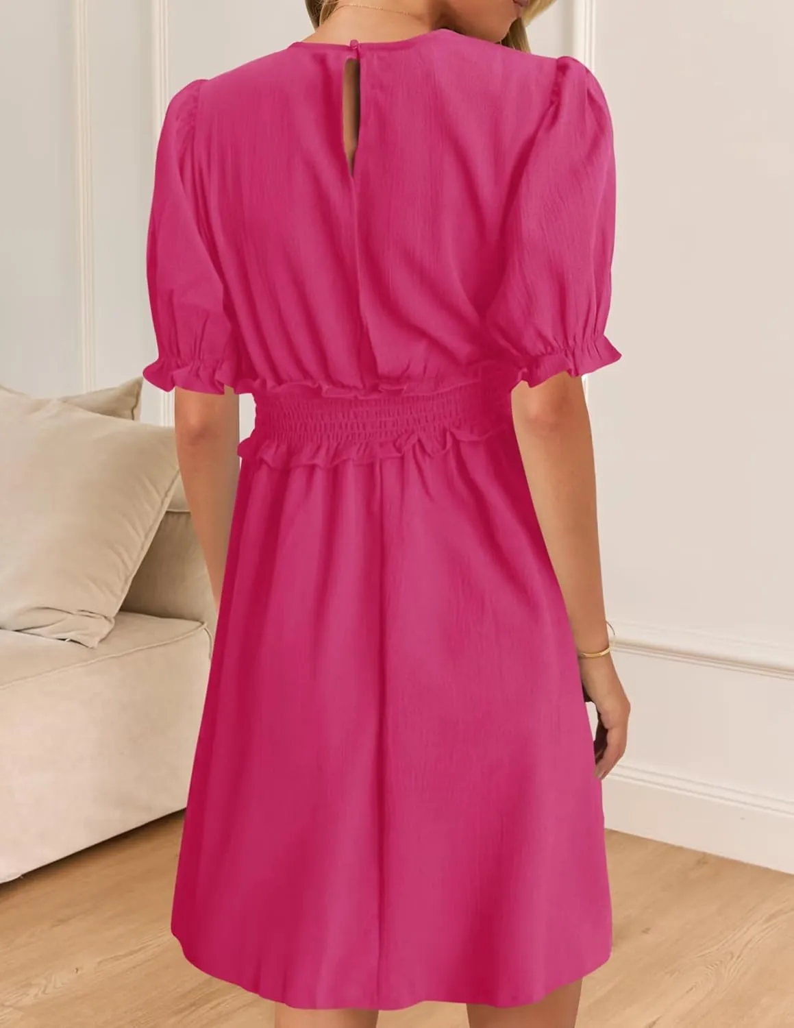 Wkior Women's Casual Shirt Dress Tiered Ruffle Sleeve Swing Shift Summer Mini Dresses