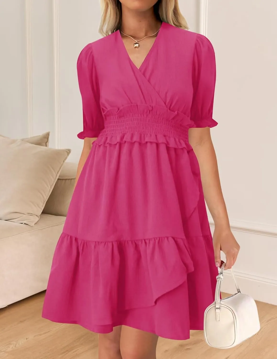 Wkior Women's Casual Shirt Dress Tiered Ruffle Sleeve Swing Shift Summer Mini Dresses