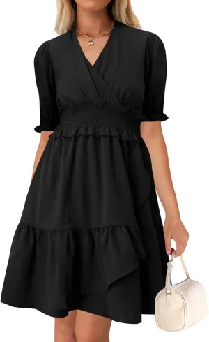 Wkior Women's Casual Shirt Dress Tiered Ruffle Sleeve Swing Shift Summer Mini Dresses