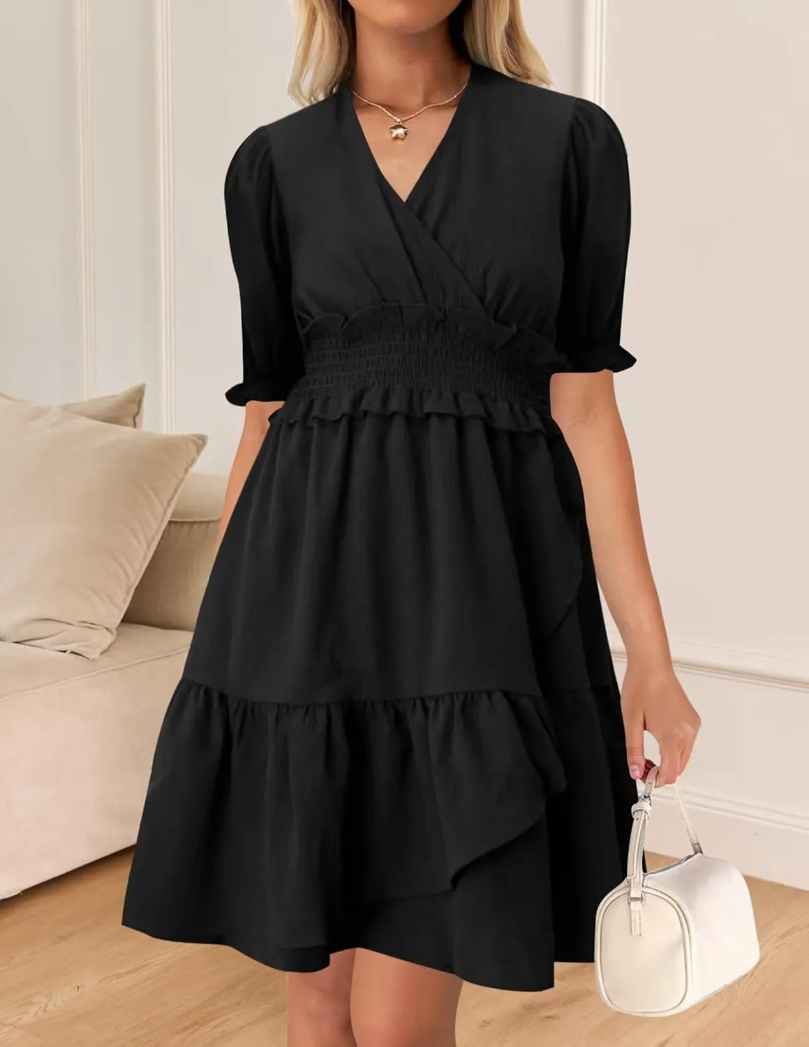 Wkior Women's Casual Shirt Dress Tiered Ruffle Sleeve Swing Shift Summer Mini Dresses