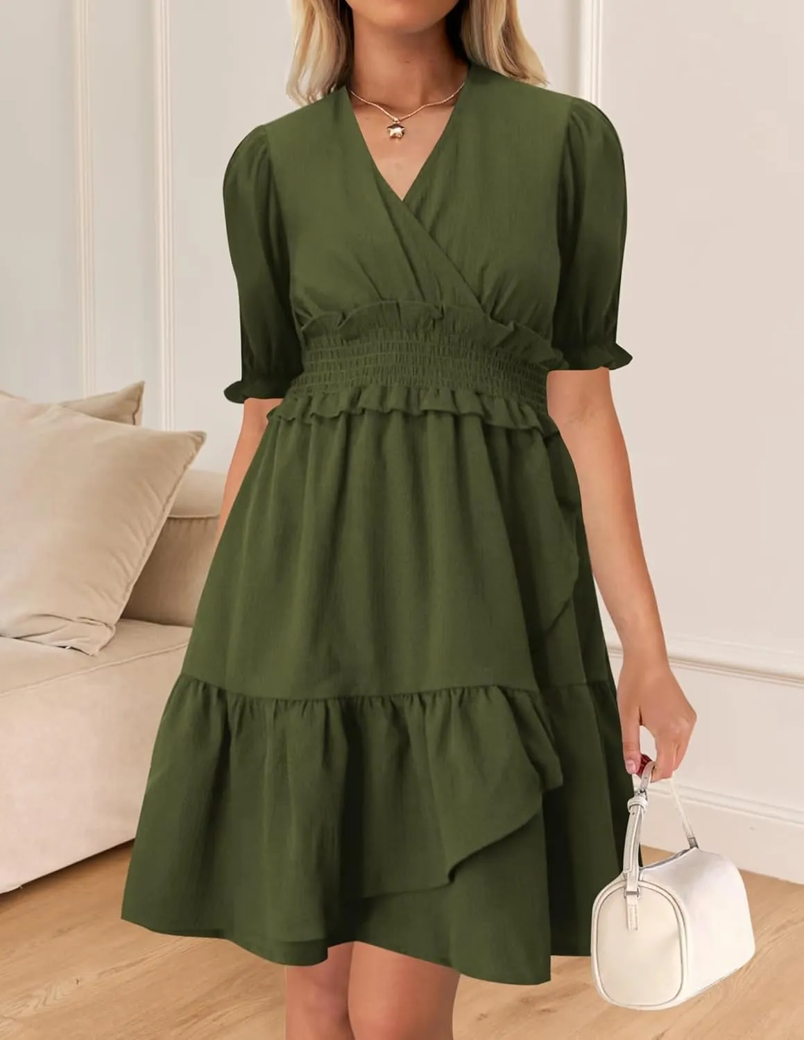 Wkior Women's Casual Shirt Dress Tiered Ruffle Sleeve Swing Shift Summer Mini Dresses
