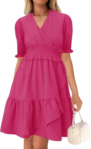 Wkior Women's Casual Shirt Dress Tiered Ruffle Sleeve Swing Shift Summer Mini Dresses