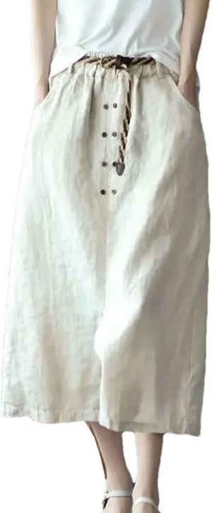 Women High Waist Casual Skirts Arrival Summer Vintage Style Loose Cotton Linen A-Line Long Skirt