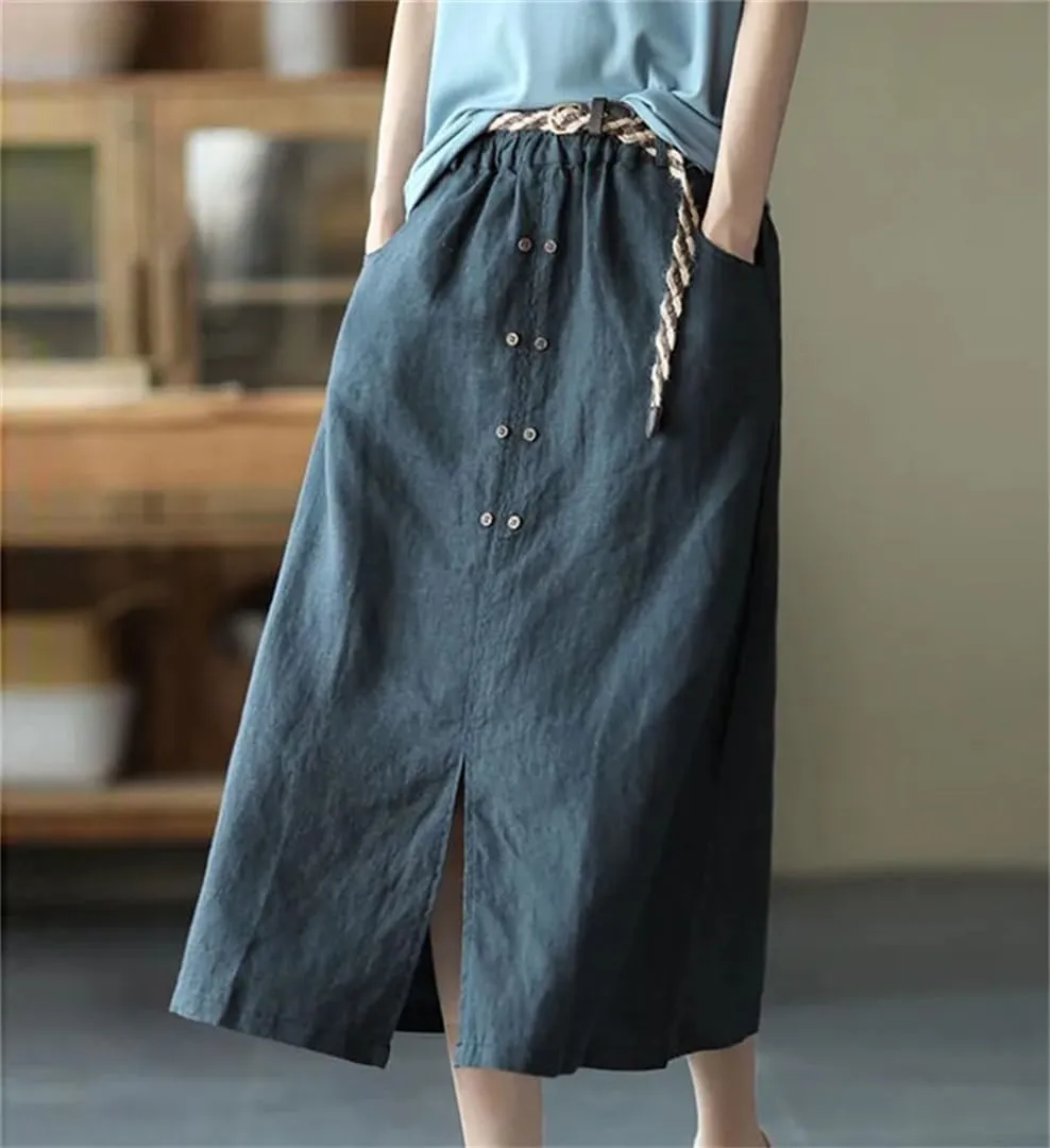 Women High Waist Casual Skirts Arrival Summer Vintage Style Loose Cotton Linen A-Line Long Skirt