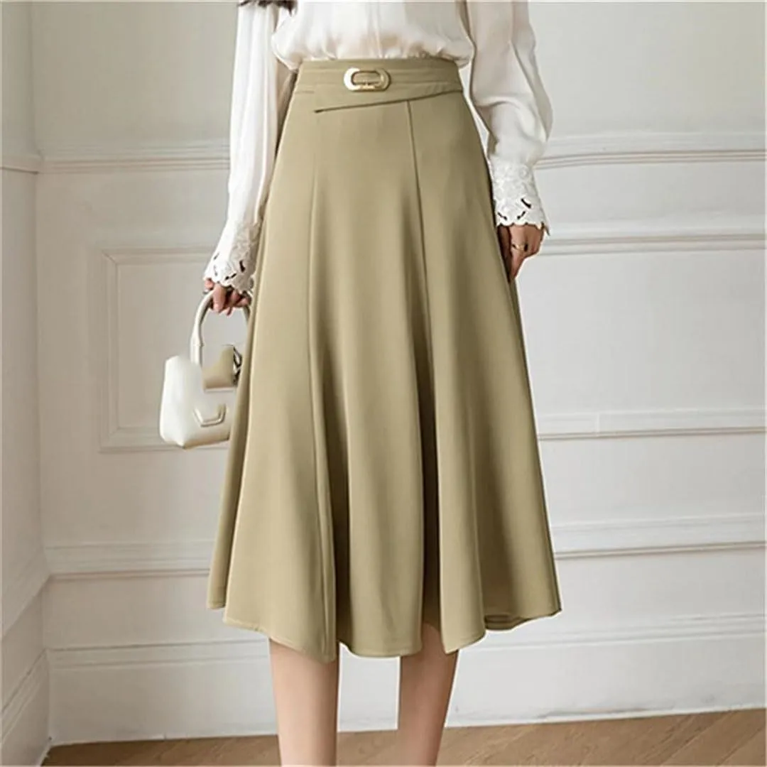 Women Metal Buckle Mid Length Elegant High Waist Casual Mid Calf A-LINE Skirts