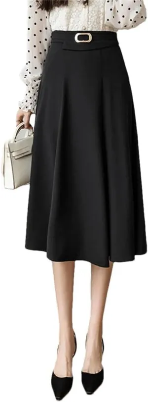 Women Metal Buckle Mid Length Elegant High Waist Casual Mid Calf A-LINE Skirts