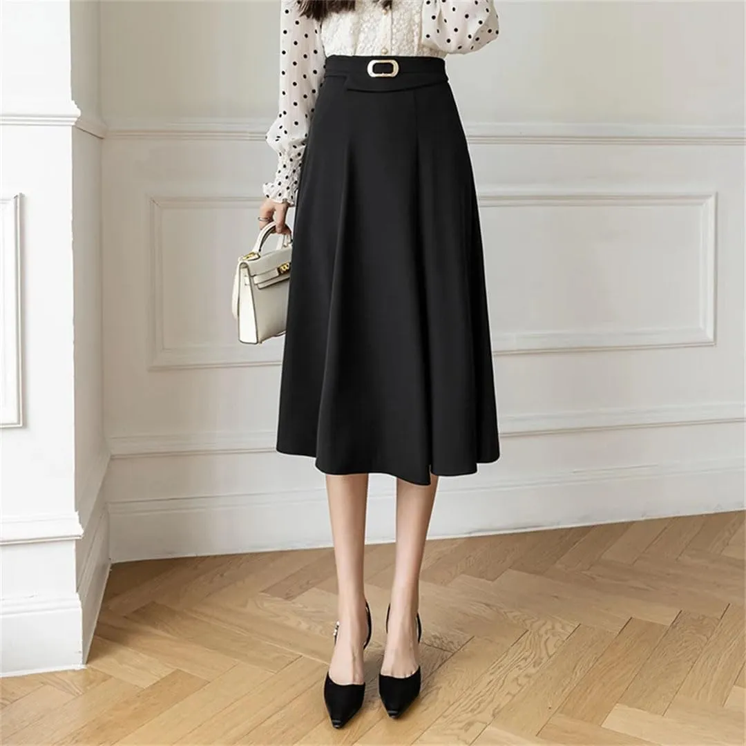 Women Metal Buckle Mid Length Elegant High Waist Casual Mid Calf A-LINE Skirts